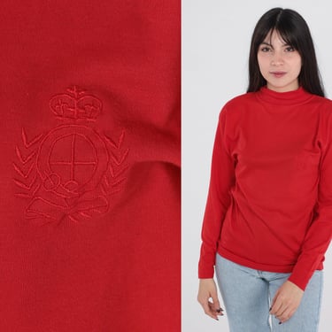 Red Mock Neck Shirt 90s Crest Top Long sleeve T-Shirt High Neck Plain T Shirt Basic Top Mockneck Tee Simple Layering Vintage 1990s Small S 