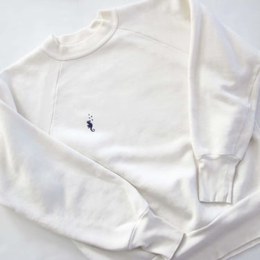 Vintage 60s Seahorse Embroidered White Raglan Sweatshirt S M - 1960s Crewneck Pullover Jumper 