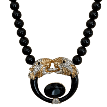 80s Double Gold Panther Black Beaded Neckalce