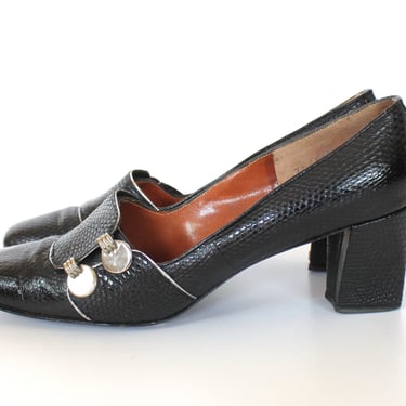 SALE - 1950s I. Magnin Snakeskin Embossed Block Heel Loafers - Vintage 50s Manor Bourne Mid Heel Pumps - Size 7 Narrow 