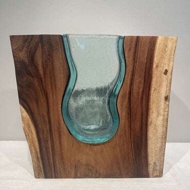 Blown Art Glass Vase In Live Edge Stab #2 , modern minimalism decor, abstract home decor, natural decor, live edge table decor, hand blown 