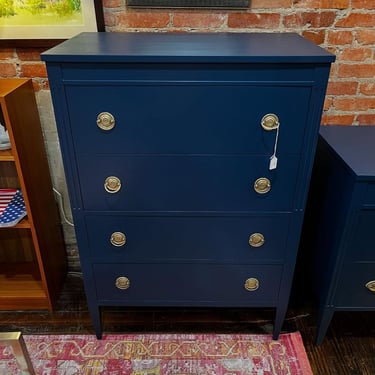 Blue painted four drawer chest by John Widdicomb. 34” x 19.5” x 49.5” 