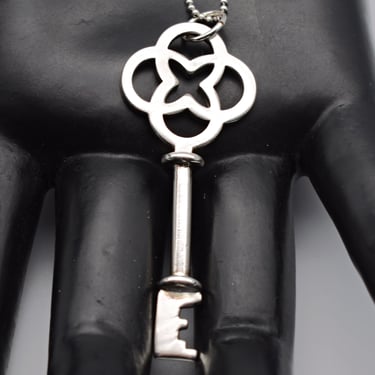90's Teocalli sterling skeleton key pendant, handcrafted Mexico 925 silver bead chain necklace 