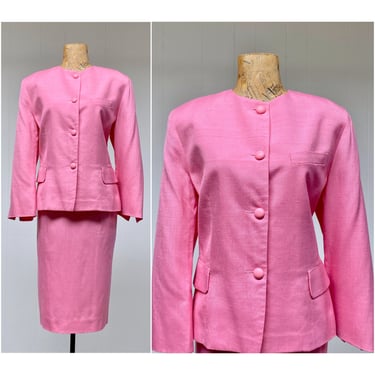 Vintage 1980s Christian Dior Skirt Suit, 80s Pink Linen Power Suit, Designer Jacket and Pencil Skirt Set, Size 14 US 
