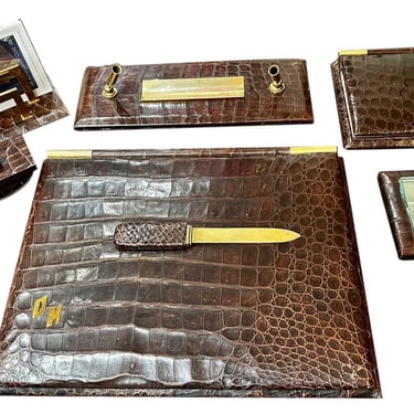 Paris Crocodile Skin 7 Piece Desk Set French Art Deco Complete