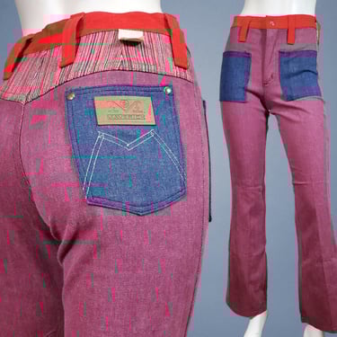 Authentic vintage colorblock jeans BLUE BELL Maverick Wrangler iconic 1960s deadstock mod junior big loops patch pockets collectible (26x32) 