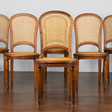Antique French Louis XVI Style Provincial Walnut Cane Dining Chairs - Set of 6 