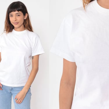 Plain White T-Shirt 80s Tee Basic Solid Crew Neck T Shirt Single Stitch Tshirt Blank Crewneck Minimalist Top Vintage 1980s Cotton Medium 