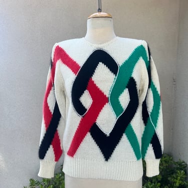 Vintage 80s Christine knit top sweater teal green white black rhinestone Sz Small 