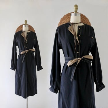 black + brown belted dress - m - vintage 80s 90s parnes Feinstein minimal midi long sleeve womens dress 