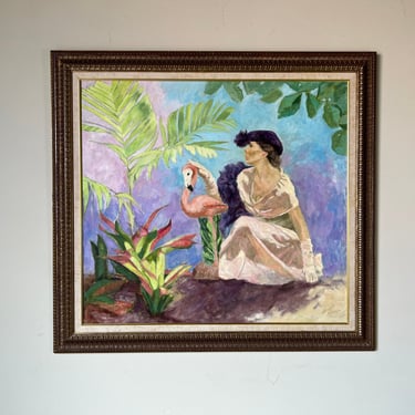 1980's Carver Woman With Flamingo Impressionist Oil Painting, Framed 