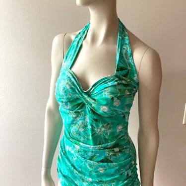 vintage one piece bathing suit tropical print shirred sides halter aqua blue 