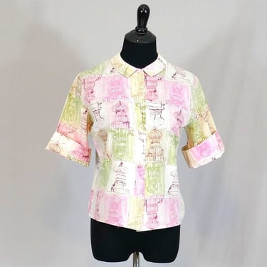 60s Onion Dome Tower Blouse - Pink Green Brown Off-White - Short Sleeves - Cotton - Vintage 1960s - Small 38" bust 