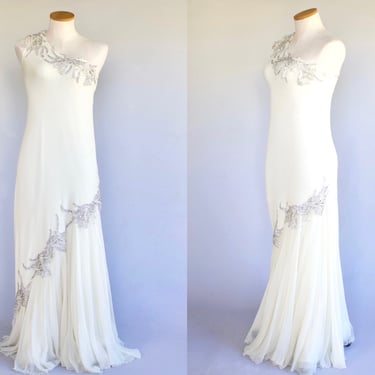 1970s Nan Duskin Bias Cut Silk Chiffon Embellished One Shoulder Evening Gown - Creamy White Designer Vintage Floor Length Evening Dress 