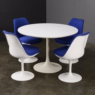 Knoll Saarinen Tulip Chairs and Burke Table White and Blue Mid Century Modern 