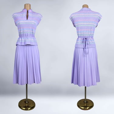 VINTAGE 70s Lavender Skirt and Top Set by Marty Gutmacher | 1970s 2 Piece Polyester Pastel Outfit | VFG 