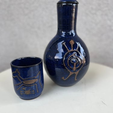 Vintage cobalt blue brown pottery decanter with cup C. Serra Da Capivava Made in Brazil 