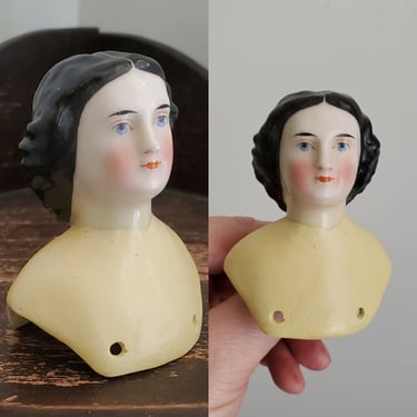 Antique Miniature China Doll Head with Elaborate Waterfall Bun Hairstyle and Visible Part - 2.75