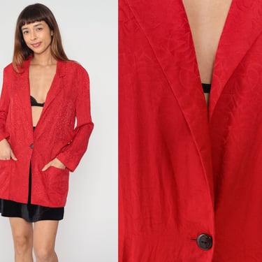 Red Silk Blazer 90s Embossed Button up Jacket Boho Abstract Print Coat Bohemian Deep V Neck Formal Vintage 1990s Liz Claiborne Medium 10 
