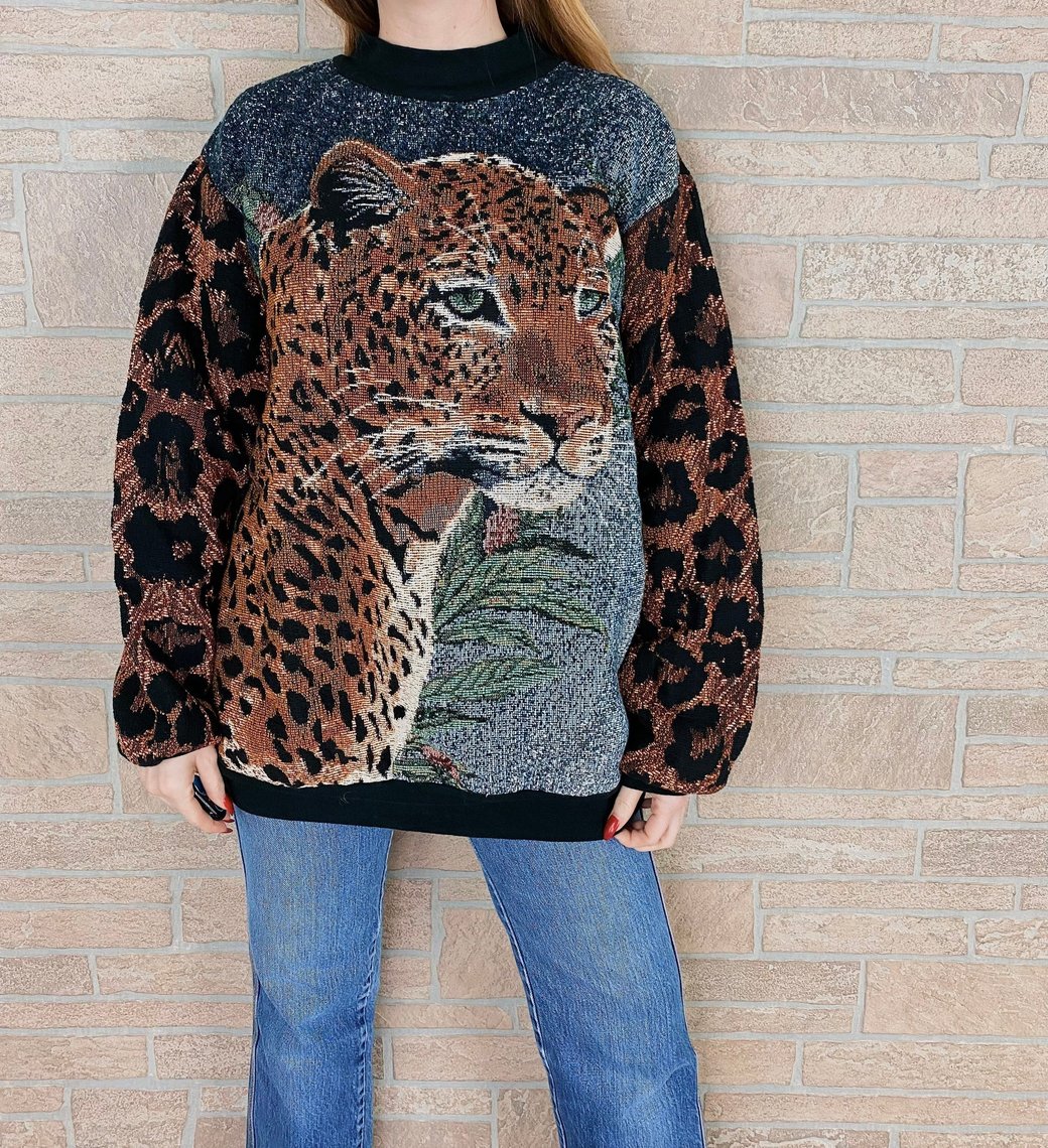 Vintage Handmade Leopard Animal Print Woven Tapestry Sweater