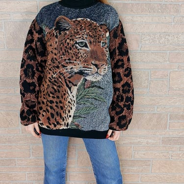 Vintage Handmade Leopard Animal Print Woven Tapestry Sweater 