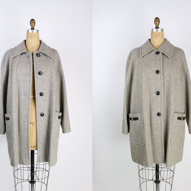 70s Oversized Wool Coat / Vintage Tweed Coat / Winter Coat/ MOD Coat / Horsebit buckle /Size M/L 