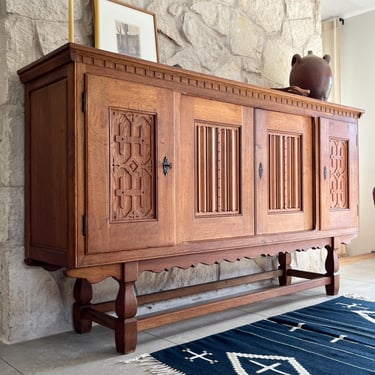 Vintage Solid Danish Oak Carved Brutalist Highboard Attrib. to Henning Kjaernulf 