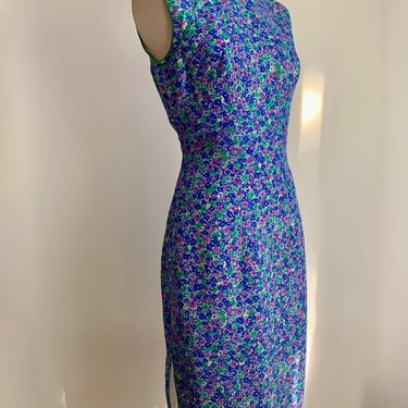 Vintage Cheongsam Dress - Silk Jacquard in Vivid Cobalt, Jade Green & Hot Pink - Silk Lined - Hand Sewn Details - Metal Zipper - Size Medium 