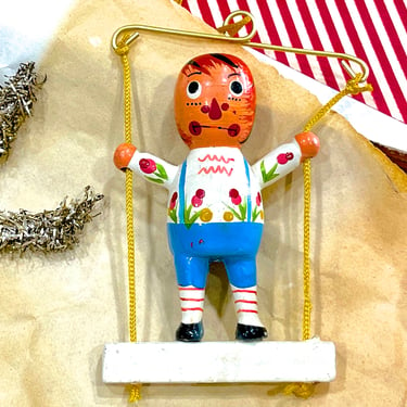 VINTAGE: Hand Painted Wooden Doll Standing on Swing Ornament -  Christmas Figurine - SKU 30-407-00034545 