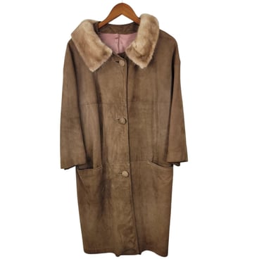 Vintage Suede Leather Fur Collar Coat Size Medium Large Tan Pinup Button Up 