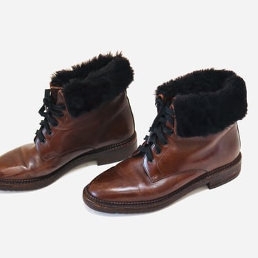 Vintage Brown Fur lined Leather Boots Size 36 6 By Tanino Crisci // Vintage 80s Brown Lace up Shearling Fur Boots 36 5 1/2 6 Made in Italy 