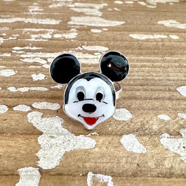MICKEY MOUSE Zuni Toons Inlay Ring | Spiny Oyster Jet & Mother of Pearl Silver | Zunitoons Native American Southwestern, Size Adjustable 