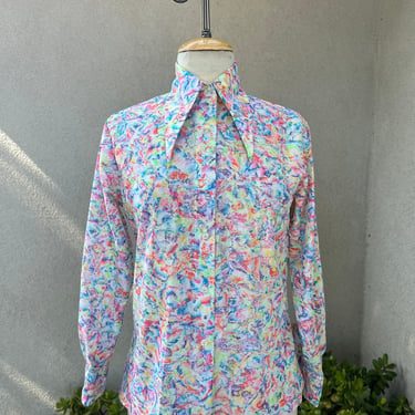 Vintage Mod pastels marble print blouse polyester Sz M/L by Lady Yael 