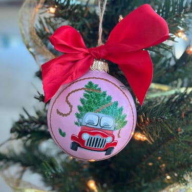 Hand Painted, Ceramic, Christmas Ornament, Red Car, Christmas Tree 