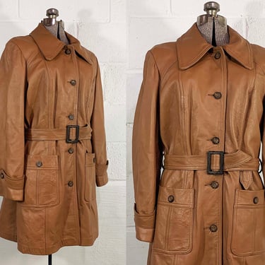 Vintage 1970s Tan Leather Trench Coat Winter Jacket Hipster Button Front Boho Mod Satin Lining Arctic Furs by Alexander Light Brown Medium 