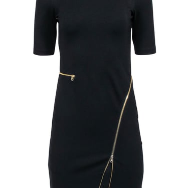 Yoana Baraschi - Black Short Sleeve Sheath Dress w/ Zipper Accents Sz 2