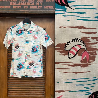 Vintage 1950’s Youth Size “McGregor” Atomic Fish Cotton Hawaiian Rockabilly Shirt, 50’s Loop Collar Shirt, Vintage Clothing 