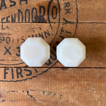 Pair of Antique Octagonal Milkglass & Brass Door Knobs 