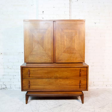 Vintage MCM tallboy dresser with diamond veneer details of the doors by American of Martinsville | Free delivery in NYC and Hudson Valley 