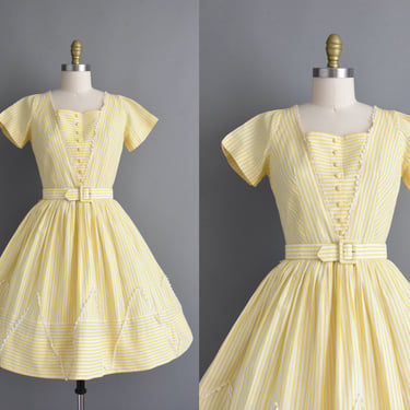vintage 1950s dress | Adorable Buttercup Yellow Pinstripe Cotton Full Skirt Shirt Dress | Medium Large | 50s dress 