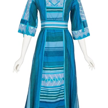 Josefa 1970s Vintage Embroidered Striped Blue Cotton Caftan Maxi Dress 