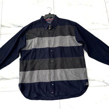 Men’s Y2K Vintage Tommy Hilfiger Wool Button Down Shirt Blue Gray Striped XXL 