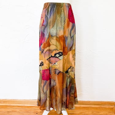 90s Marbled Swirled Earth Toned Print Rayon Maxi Skirt | Medium/Large/ 32" Waist 
