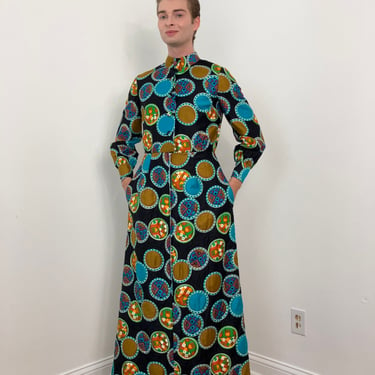 70s Bergdorf Goodman Chinese-inspired geometric hostess dress 