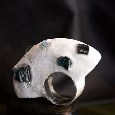 Sterling Silver, Blue Tourmaline, Aquamarine and Concrete Fan Ring