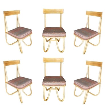Restored Mid-Century Bent "Loop" Leg Rattan Dining Side Chair, Set of Six 