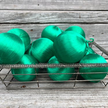 vintage Christmas ornaments 1960s green silk spun balls set of six 