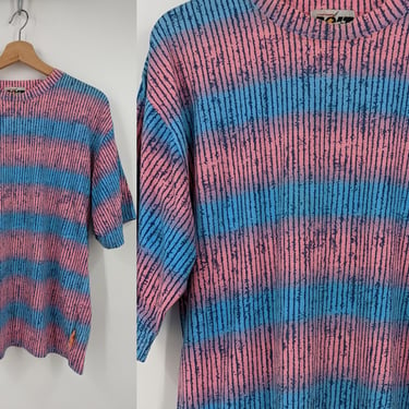 Vintage 80s Lightning Bolt Medium Blue Pink Striped Pattern Short Sleeve Shirt - Vintage Eighties Bolt Shirt 