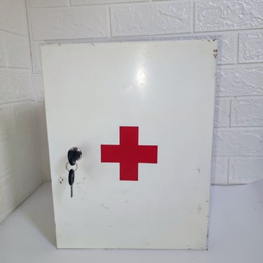 Vintage Medical Locker / Metal First Aid Cabinet / Red Cross Cabinet / Home Decor / Vintage Storage / Mid Century/ First Aid Metal Box 