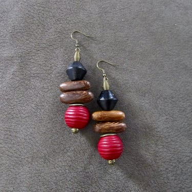 Earth toned unique wooden earrings, red 